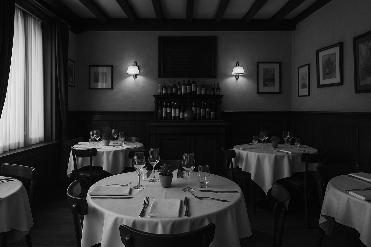 Ambiance de restaurant — image générique (noir et blanc)